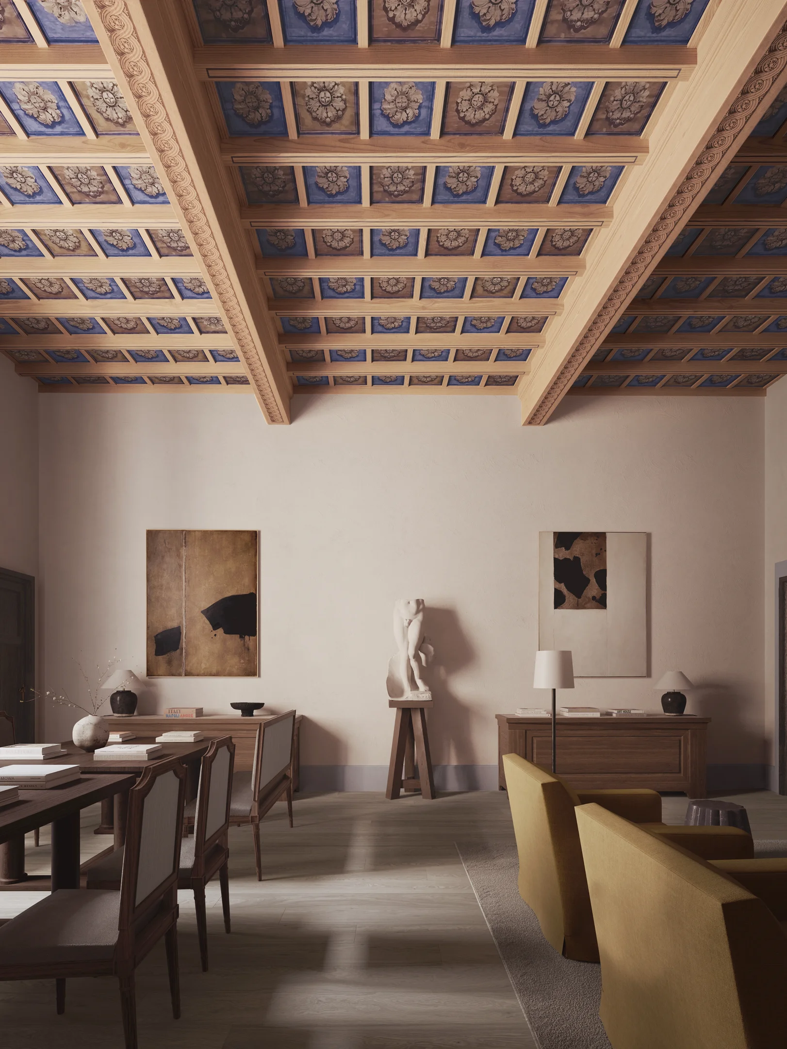 Wohnbereich im La Réserve Firenze mit historischer Decke und modernem Interior Design