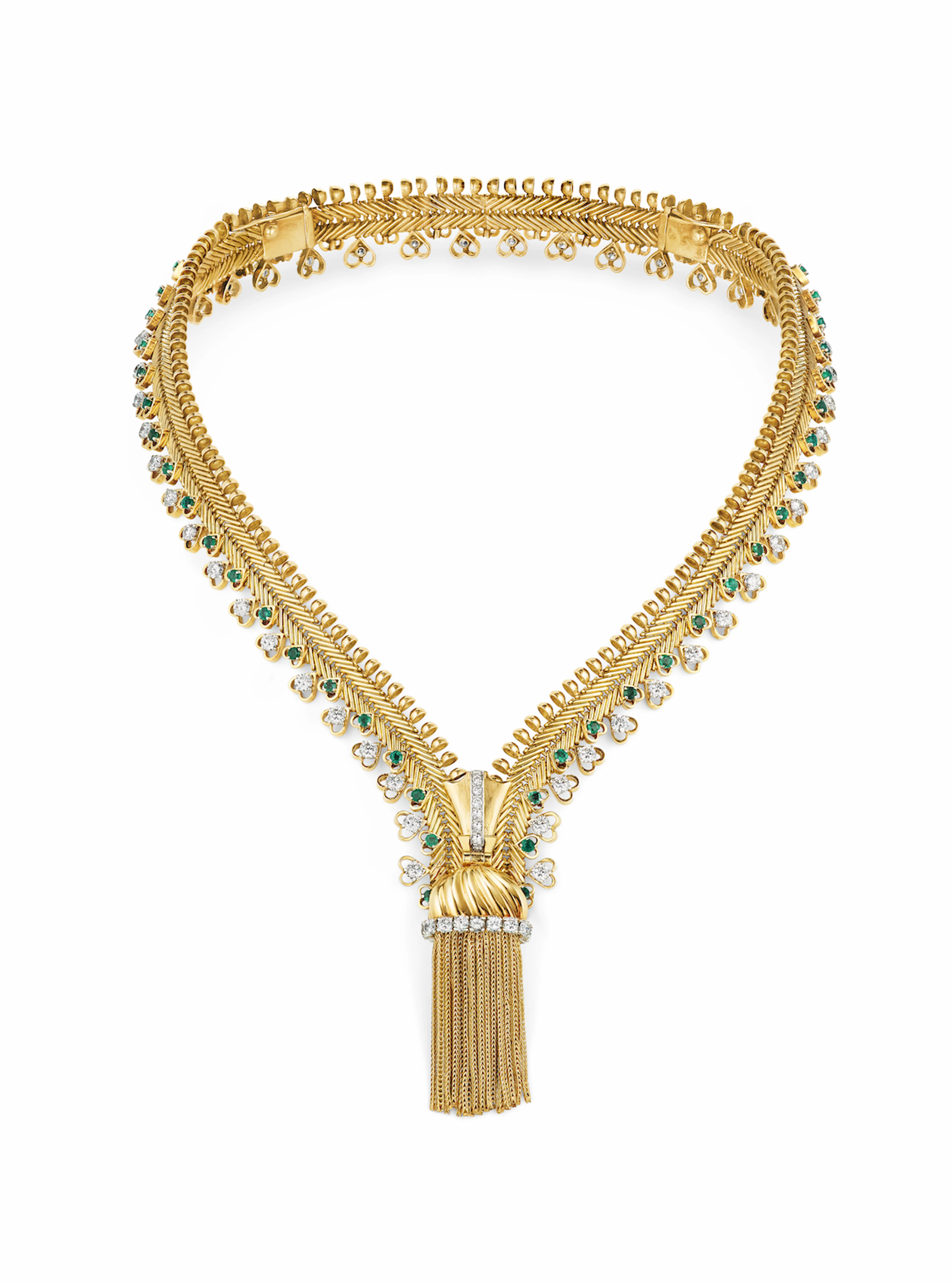 Zip Necklace von Van Cleef & Arpels aus dem Jahr 1955 in Gold, Platin, Smaragden und Diamanten, aus der Ausstellung „Glanzstücke“ im MAK Wien.