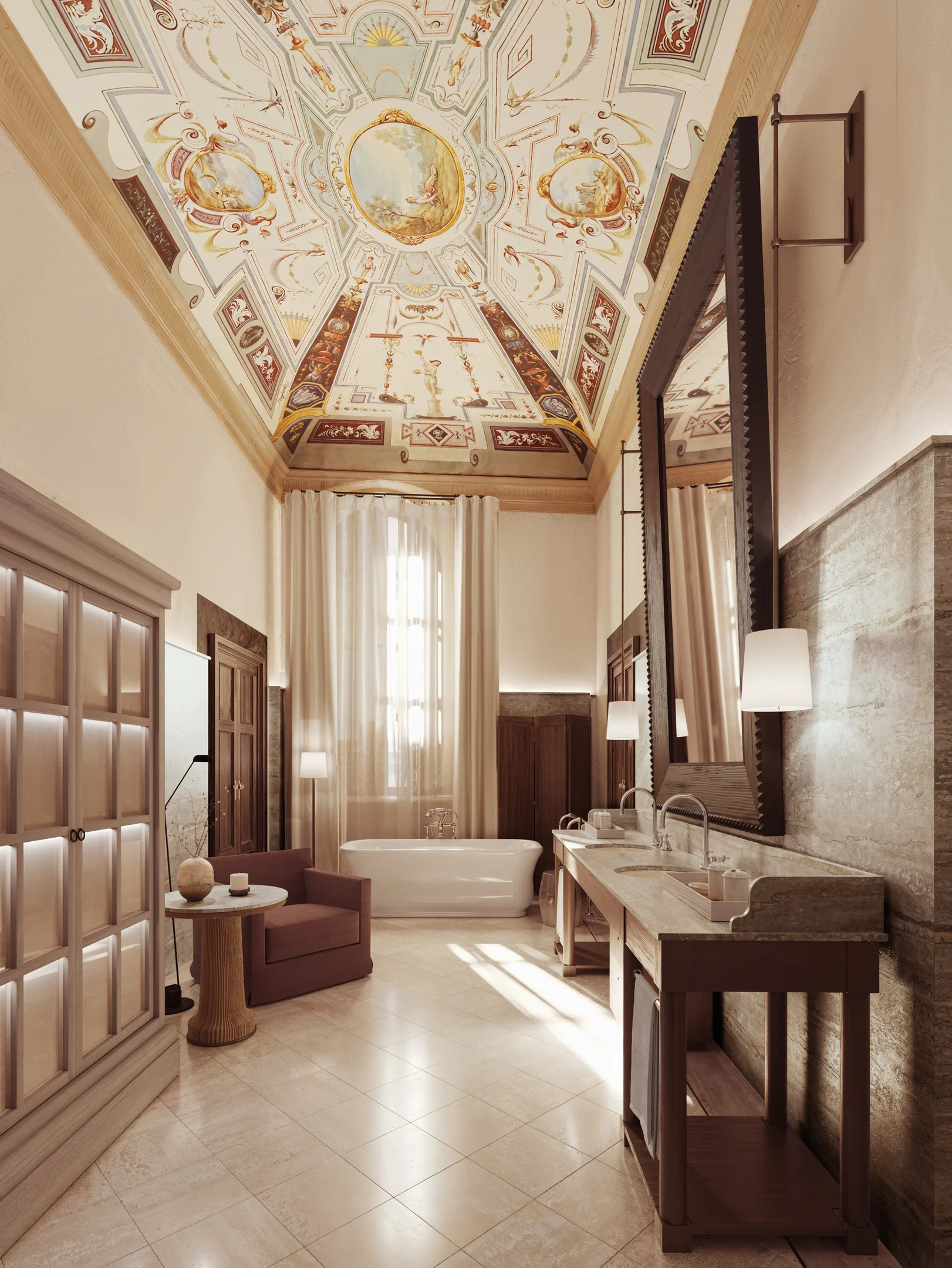 Badezimmer im La Réserve Firenze mit Fresken-Decke im historischen Palazzo