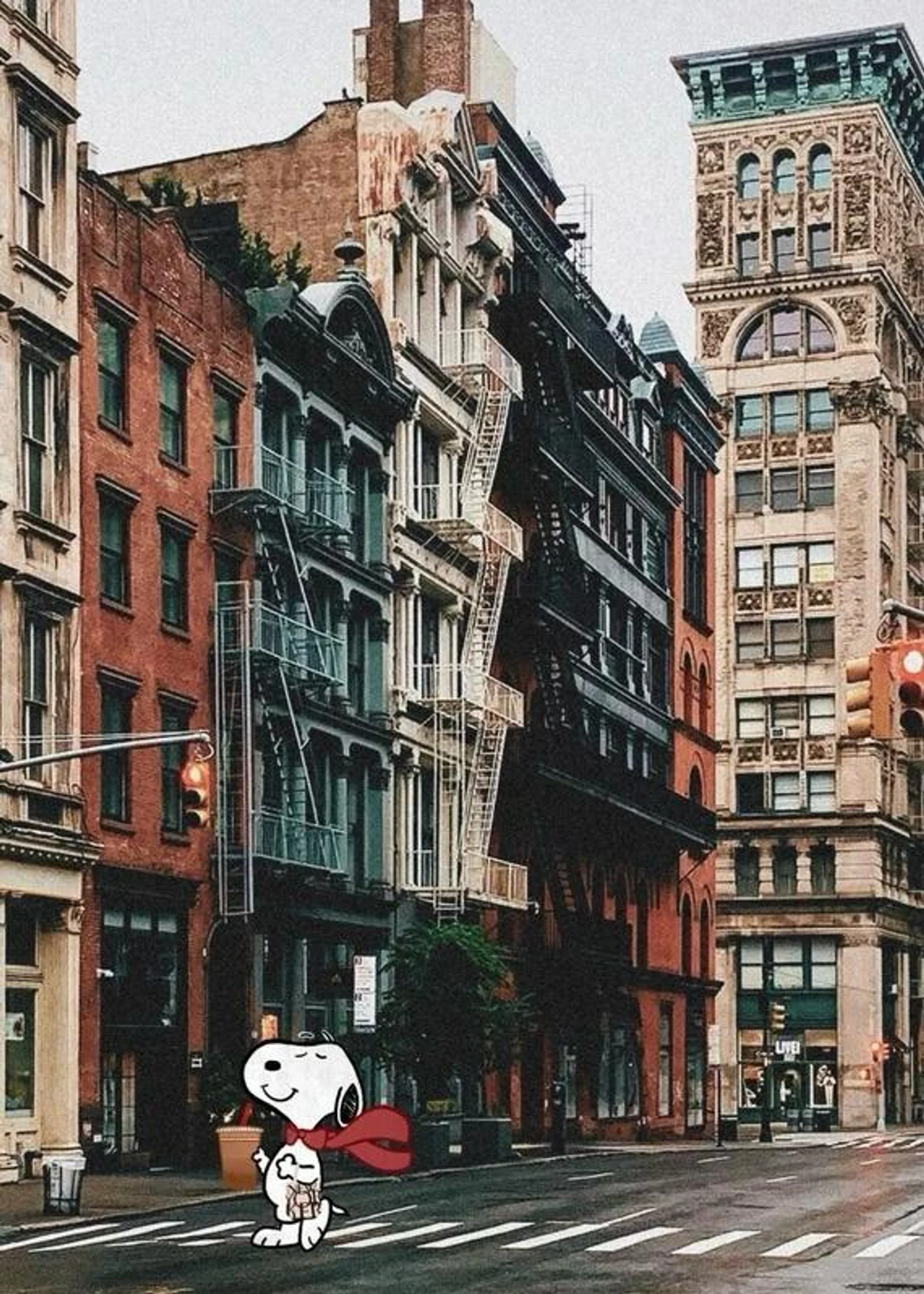 Die Comicfigur Snoopy mit rotem Schal geht über einen Zebrastreifen in einer typischen New Yorker Straßenschlucht.