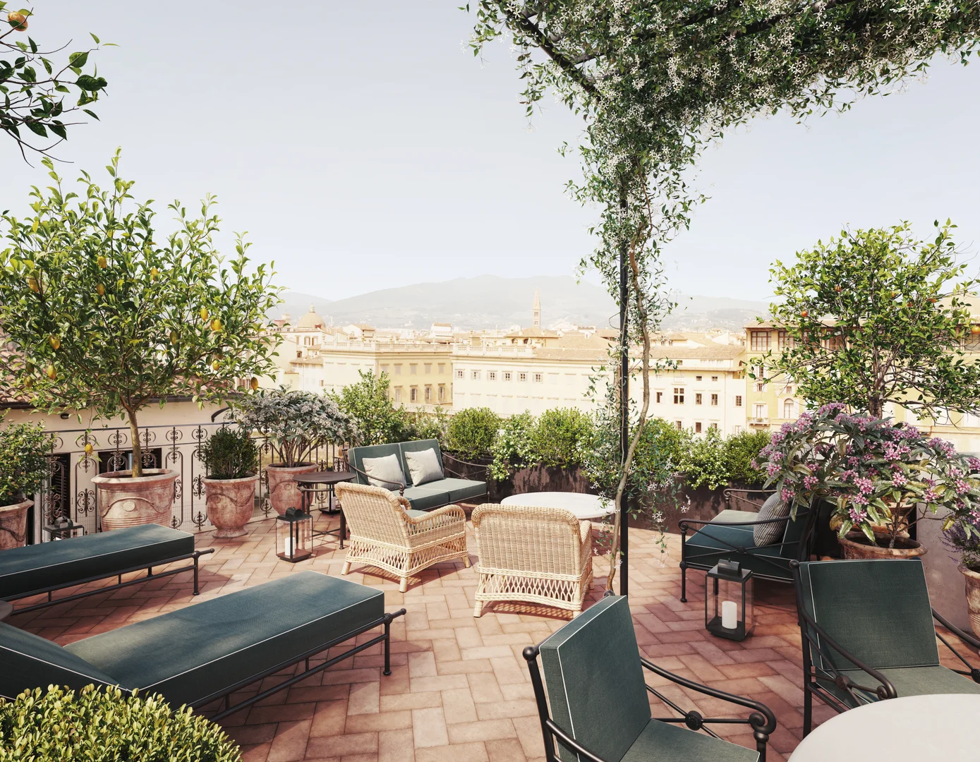 Dachterrasse im La Réserve Firenze Dachterrasse im La Réserve Firenze mit Blick über die Dächer von Florenz