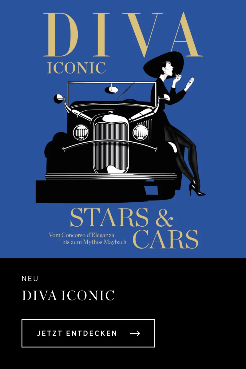 DIVA ICONIC Cover mit stilvoller Frau und Vintage Luxusauto, Magazin über Stars, Stil und klassische Cars