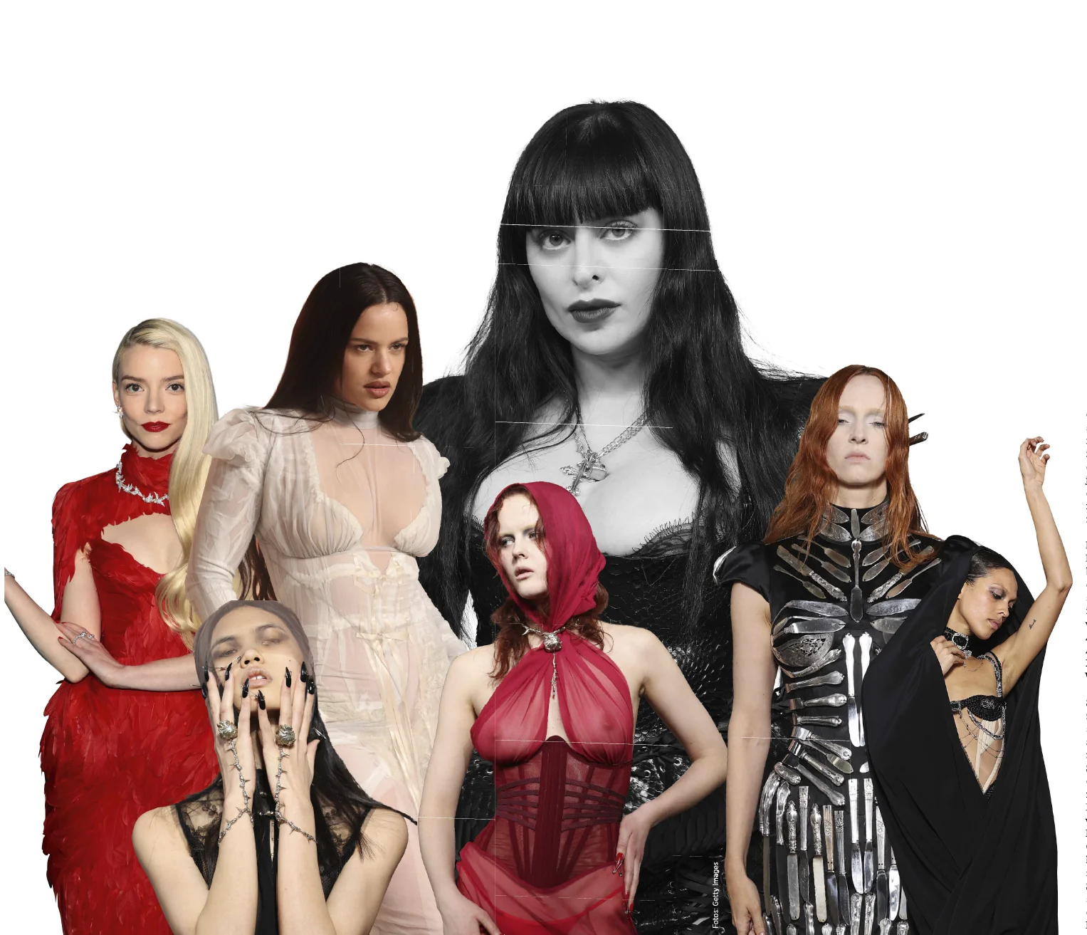 Collage mit Designerin Dilara Findikoglu sowie Celebrity-Looks von Anya Taylor-Joy, Rosalía und weiteren Stars in ihren Designs.