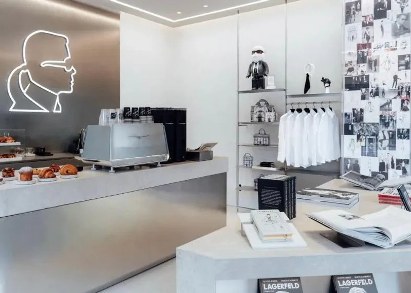 Karl Lagerfeld Bar in Amsterdam mit weißem Interior, Backwaren und Karl-Lagerfeld-Porträt als Leuchte